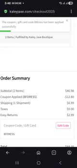 Kaley Jase Boutique coupon verification screenshot