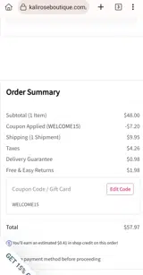 Kali Rose Boutique coupon verification screenshot