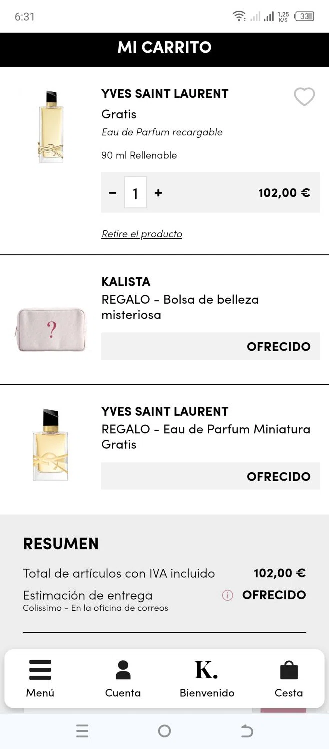 Kalista Parfums promo code screenshot showing code MYSTERE4 applied at Kalista Parfums checkout page. Uploaded by SimplyCodes community member 502312 on Apr 18, 2025