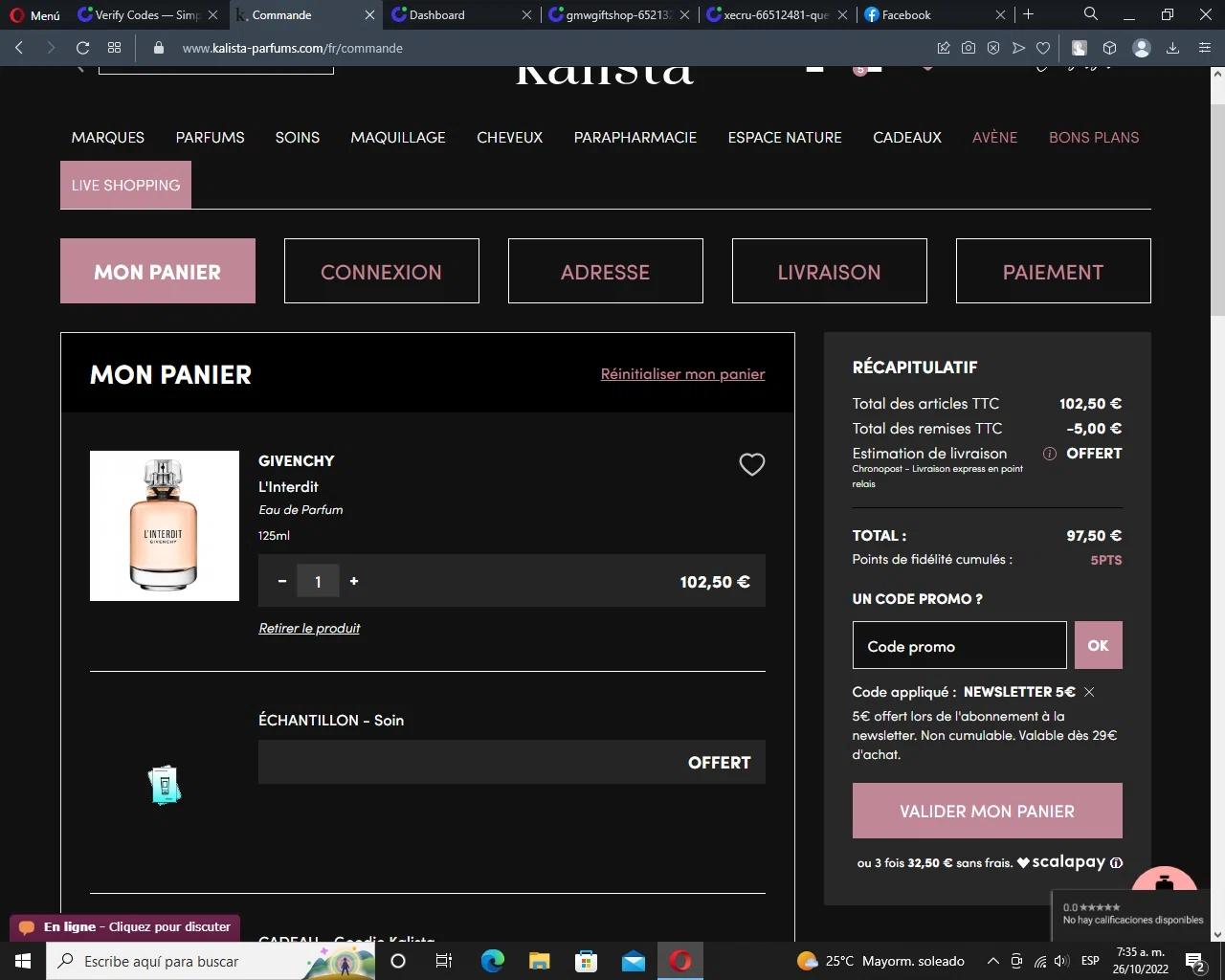 Kalista Parfums checkout page showing Kalista Parfums promo code box | Screenshot taken by SimplyCodes community member on Oct 26, 2022