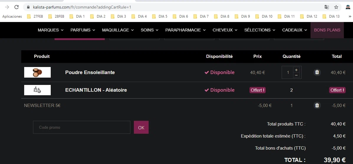 Kalista Parfums checkout page showing Kalista Parfums promo code box | Screenshot taken by SimplyCodes community member on Aug 9, 2021