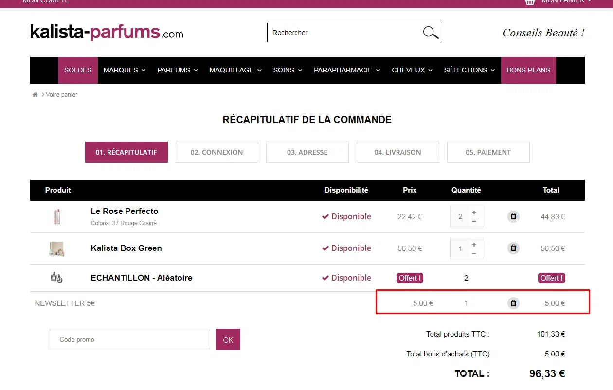 Kalista Parfums checkout page showing Kalista Parfums promo code box | Screenshot taken by SimplyCodes community member on Jul 5, 2021