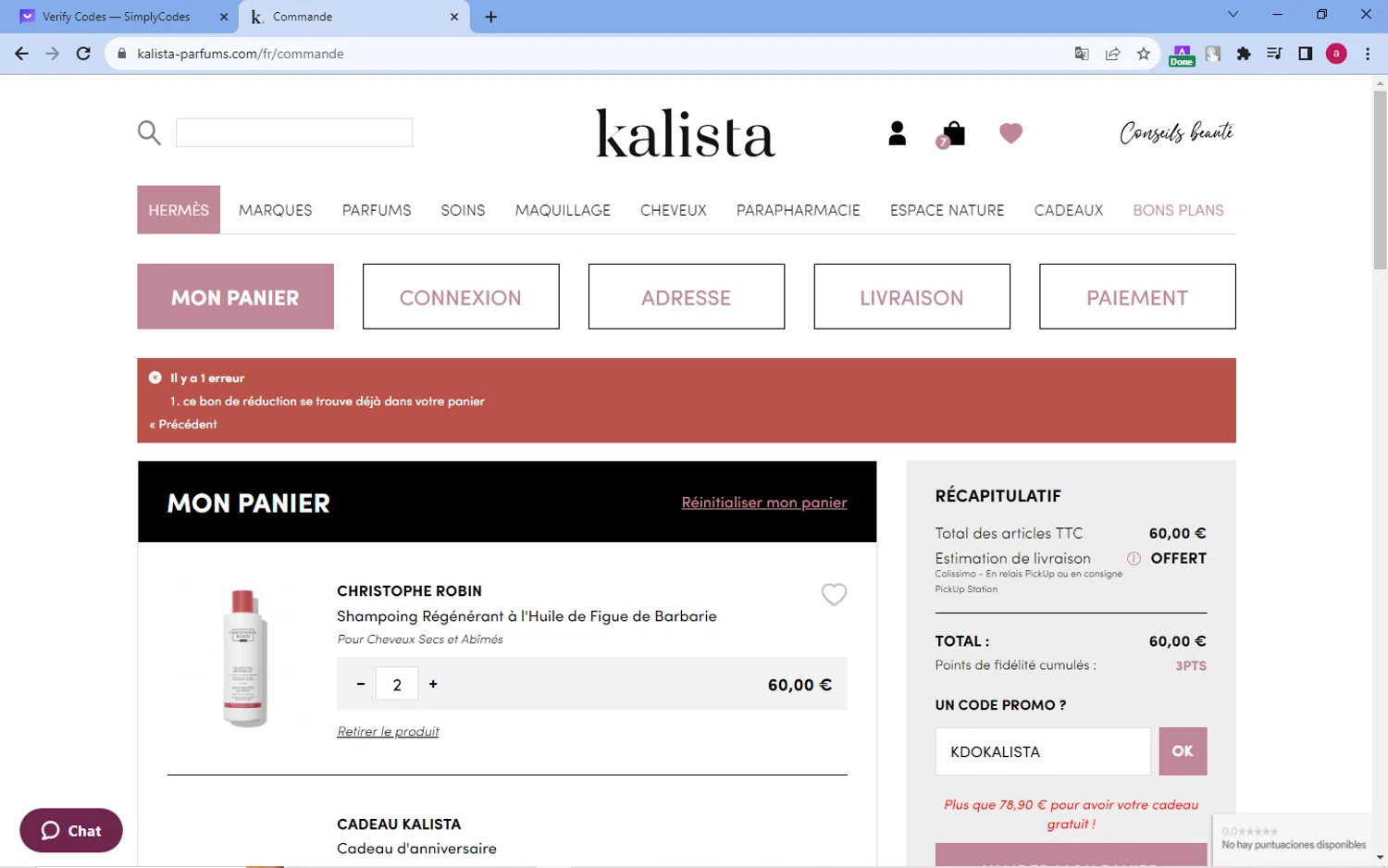 Kalista Parfums checkout page showing Kalista Parfums promo code box | Screenshot taken by SimplyCodes community member on Oct 9, 2023