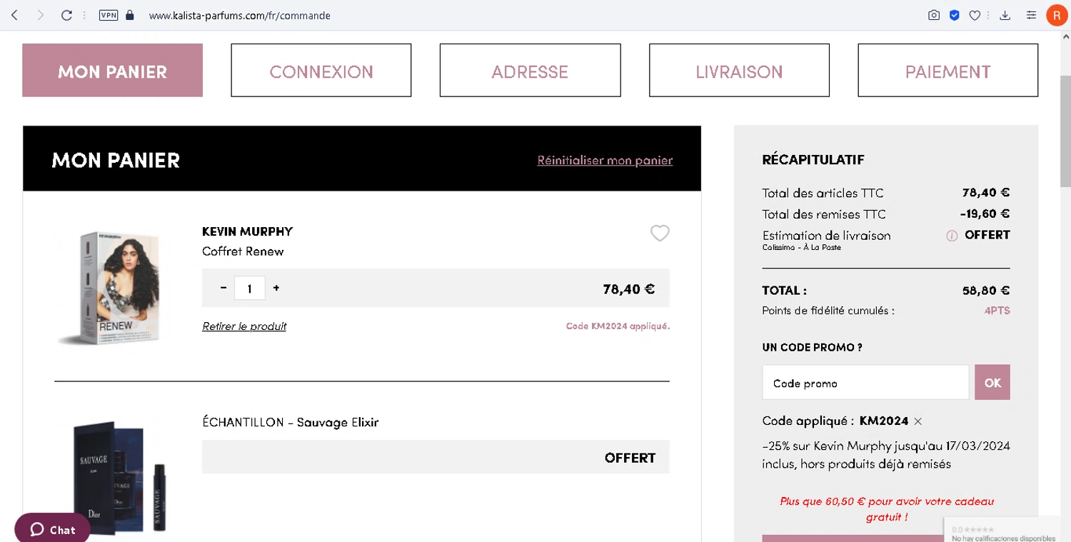 Kalista Parfums checkout page showing Kalista Parfums promo code box | Screenshot taken by SimplyCodes community member on Mar 15, 2024