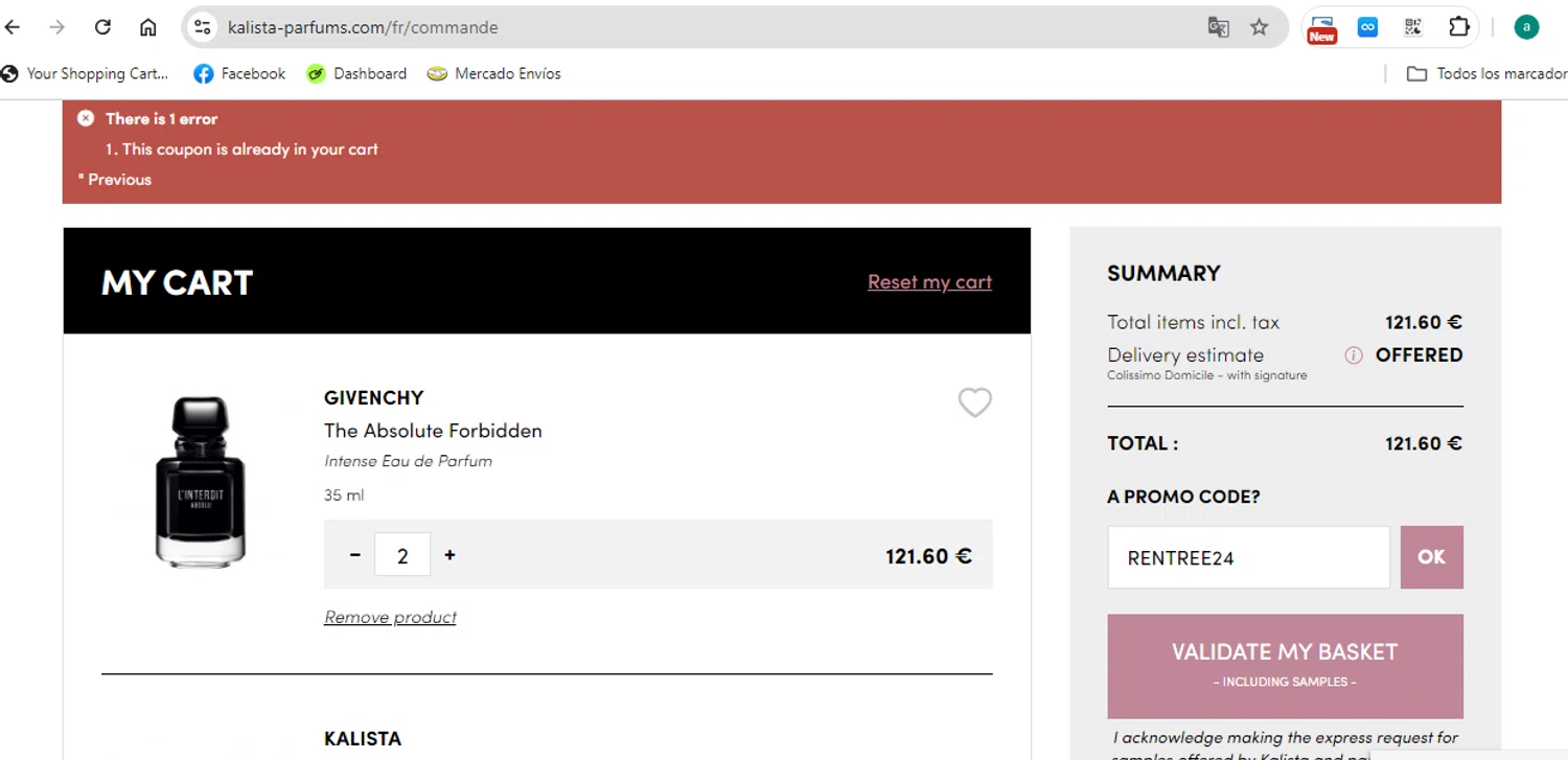 Kalista Parfums checkout page showing Kalista Parfums promo code box | Screenshot taken by SimplyCodes community member on Sep 4, 2024