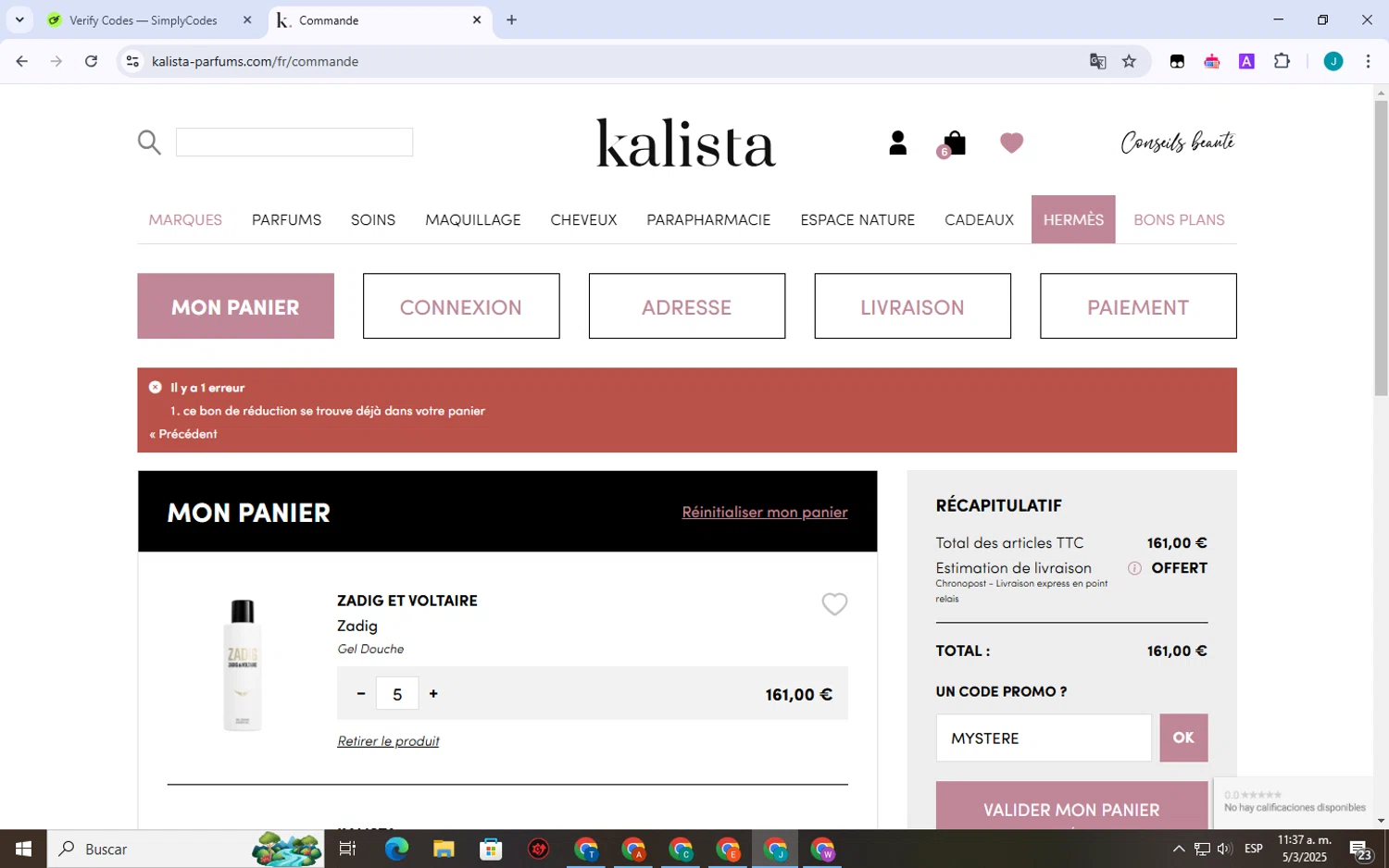 Kalista Parfums checkout page showing Kalista Parfums promo code box | Screenshot taken by SimplyCodes community member on Mar 5, 2025