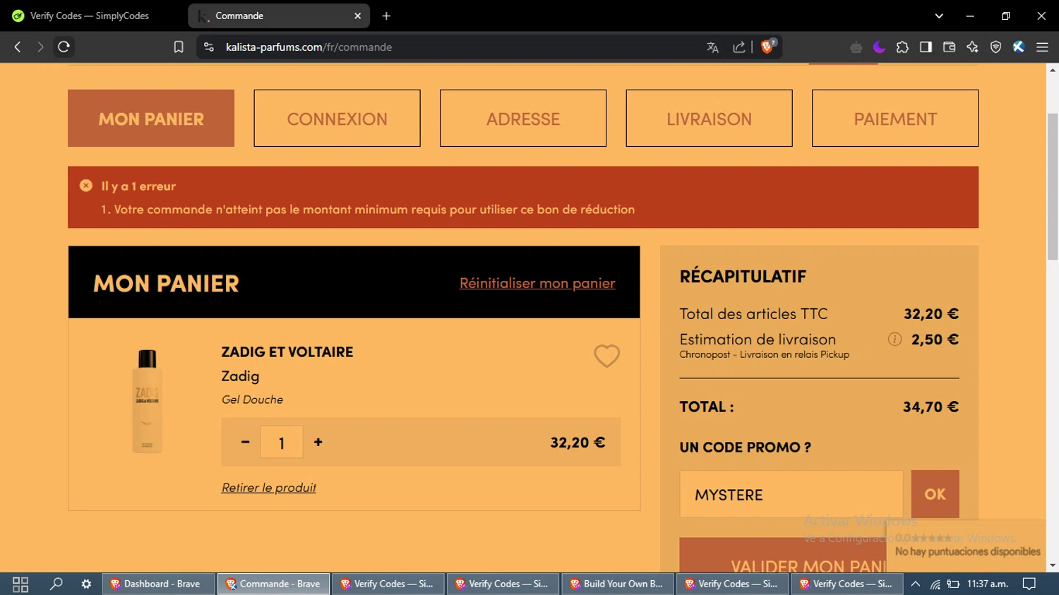 Kalista Parfums checkout page showing Kalista Parfums promo code box | Screenshot taken by SimplyCodes community member on Mar 5, 2025