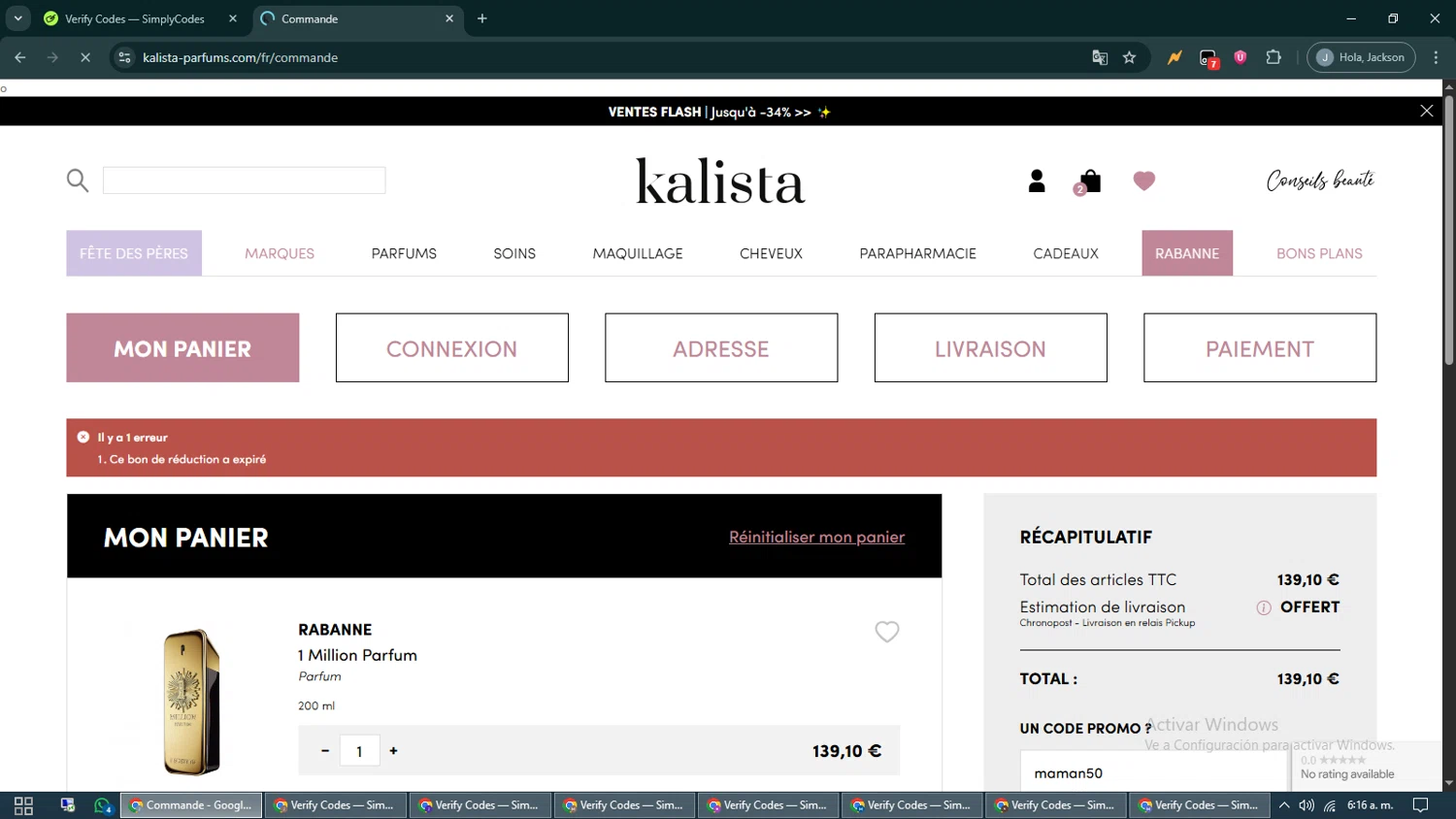 Kalista Parfums promo code screenshot showing code maman50 applied at Kalista Parfums checkout page. Uploaded by SimplyCodes community member CashShopper1214 on Jun 14, 2025