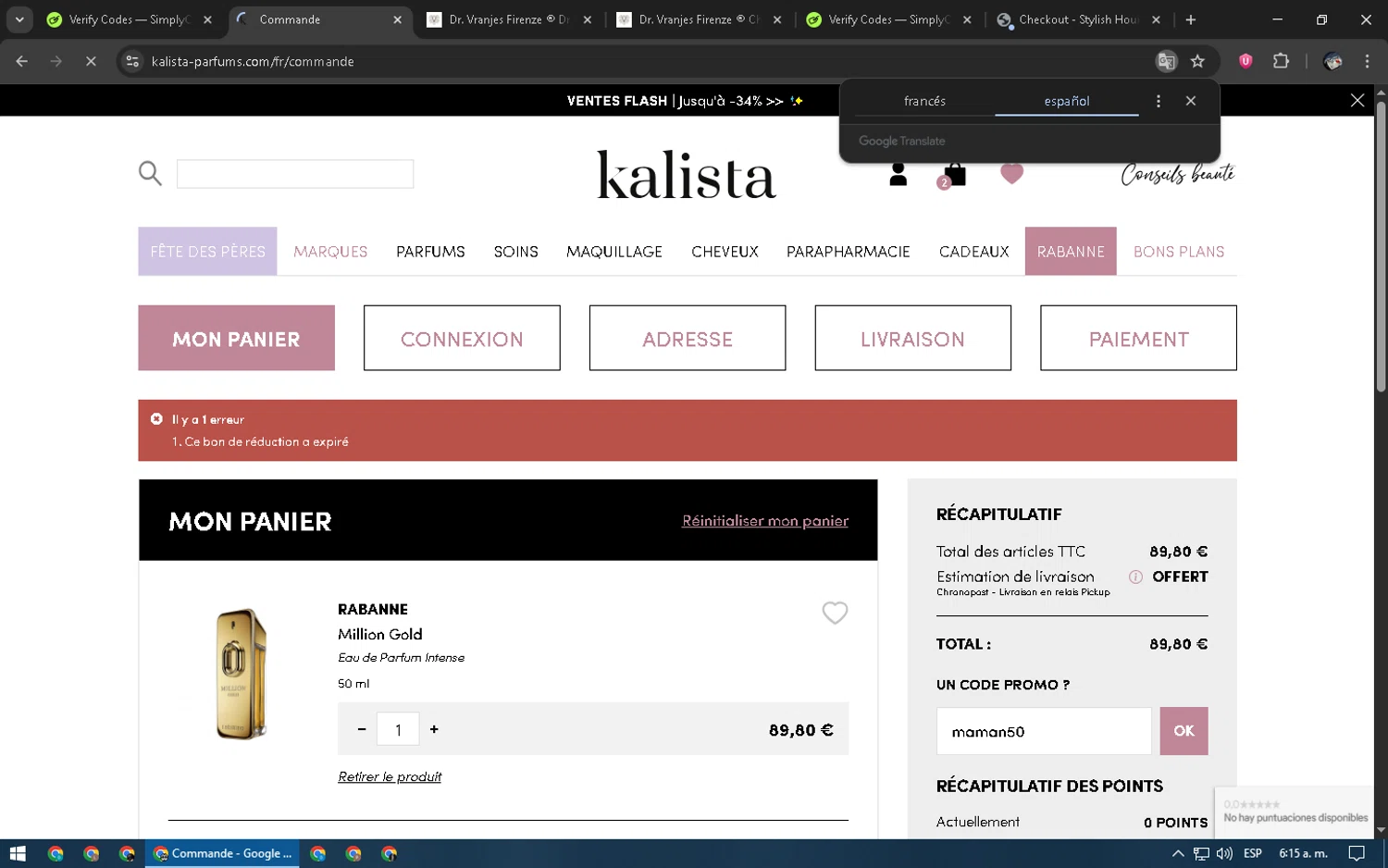 Kalista Parfums promo code screenshot showing code maman50 applied at Kalista Parfums checkout page. Uploaded by SimplyCodes community member NobleGenius1697 on Jun 14, 2025