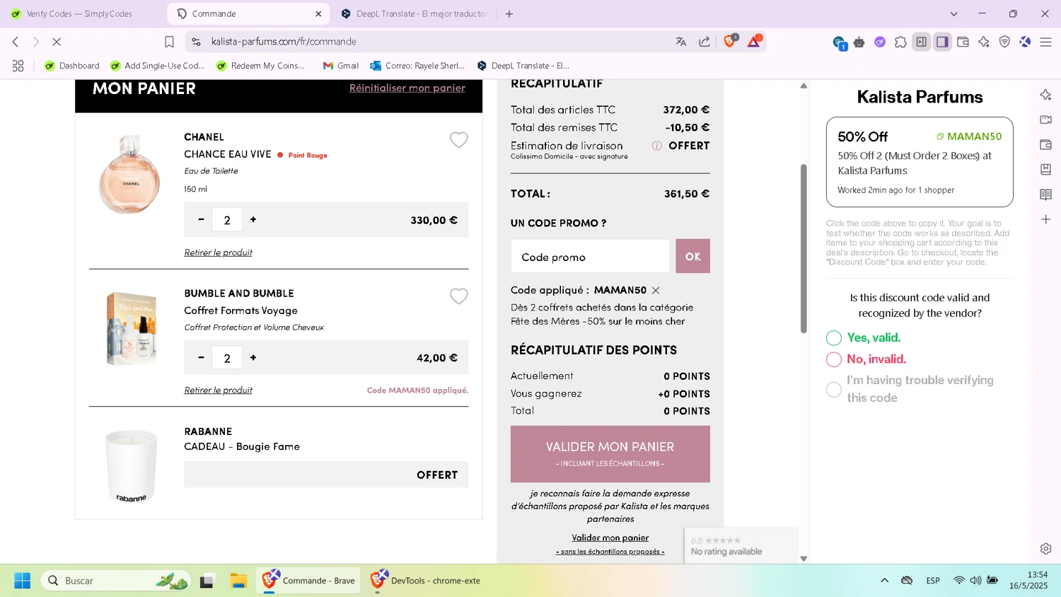 Kalista Parfums checkout page showing Kalista Parfums promo code box | Screenshot taken by SimplyCodes community member on May 16, 2025