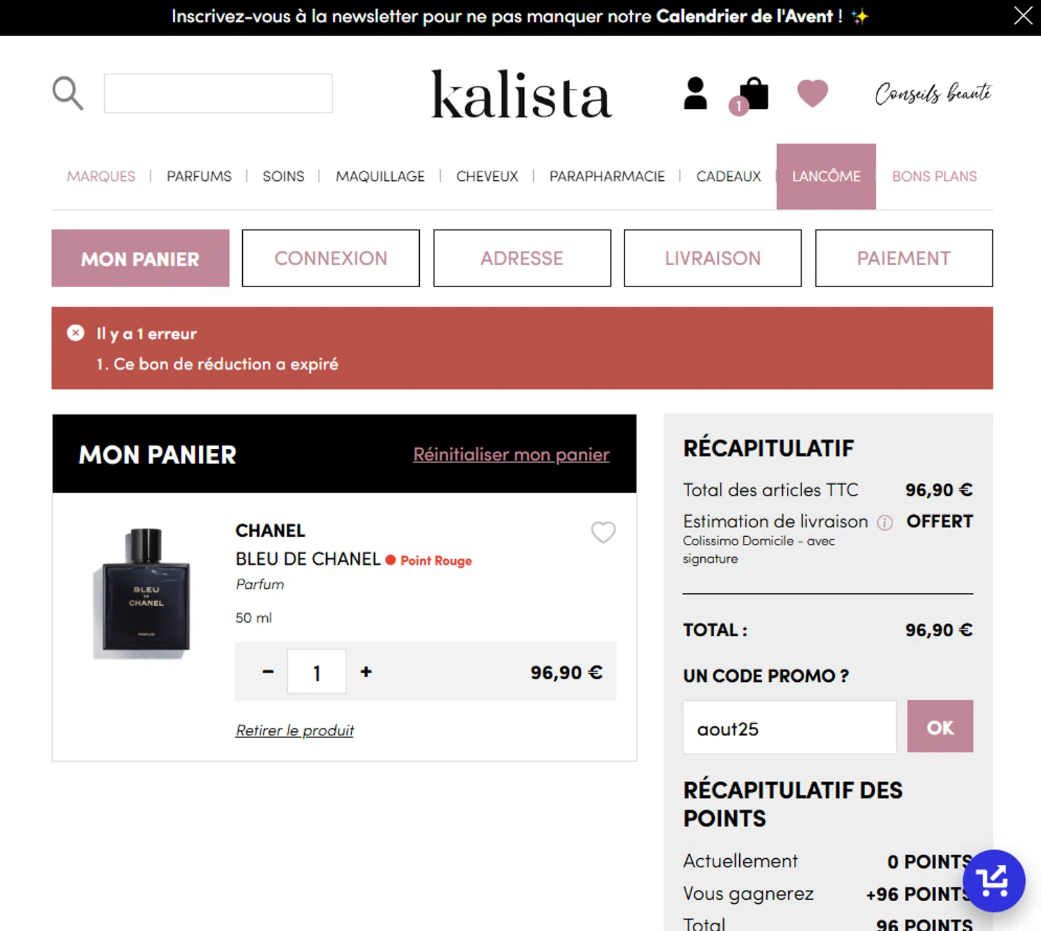 Kalista Parfums promo code screenshot showing code aout25 applied at Kalista Parfums checkout page. Uploaded by SimplyCodes community member becomeaware on Sep 12, 2025