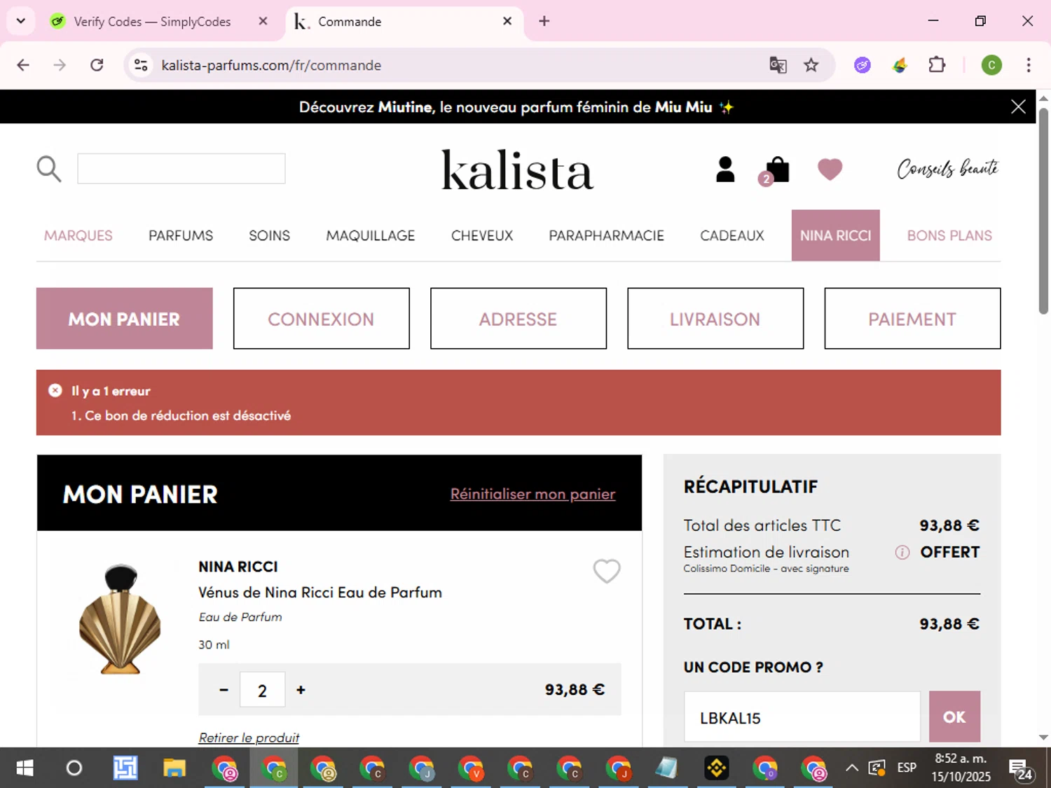 Kalista Parfums promo code screenshot showing code LBKAL15 applied at Kalista Parfums checkout page. Uploaded by SimplyCodes community member RoyalKnight4673 on Oct 15, 2025