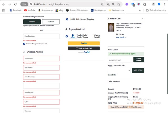 Kalki Fashion checkout page showing Kalki Fashion promo code box | Screenshot taken by SimplyCodes community member on Aug 29, 2025