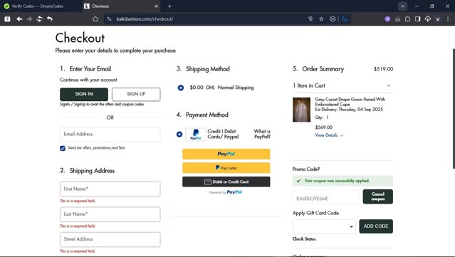Kalki Fashion checkout page showing Kalki Fashion promo code box | Screenshot taken by SimplyCodes community member on Aug 3, 2025