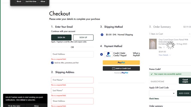 Kalki Fashion checkout page showing Kalki Fashion promo code box | Screenshot taken by SimplyCodes community member on Jul 21, 2025