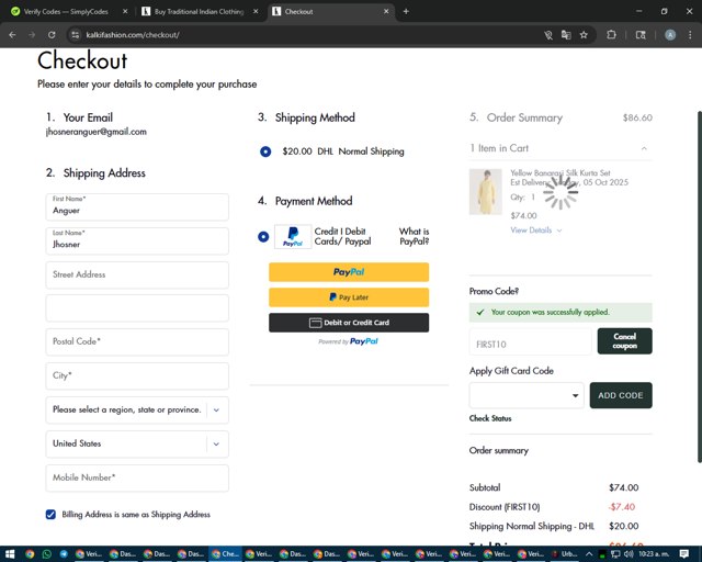 Kalki Fashion checkout page showing Kalki Fashion promo code box | Screenshot taken by SimplyCodes community member on Aug 28, 2025