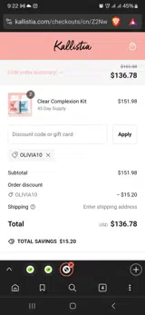 Kallistia coupon verification screenshot