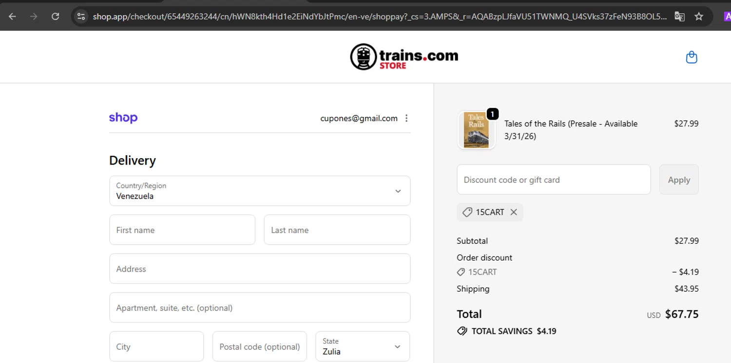 Kalmbach Hobby Store promo code screenshot showing code 15CART applied at Kalmbach Hobby Store checkout page. Uploaded by SimplyCodes community member SmartVoyager1455 on Feb 14, 2026
