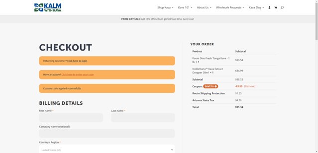Kalm with Kava checkout page showing Kalm with Kava discount code box | Screenshot taken by SimplyCodes community member on Jul 8, 2025