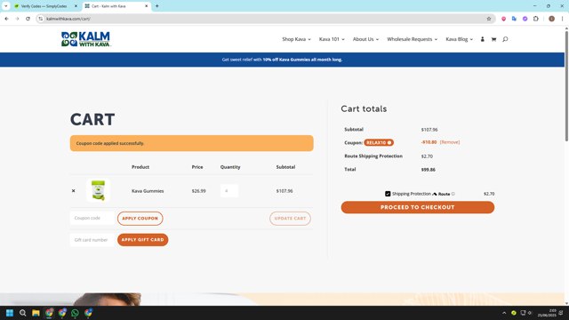 Kalm with Kava checkout page showing Kalm with Kava discount code box | Screenshot taken by SimplyCodes community member on Jun 25, 2025
