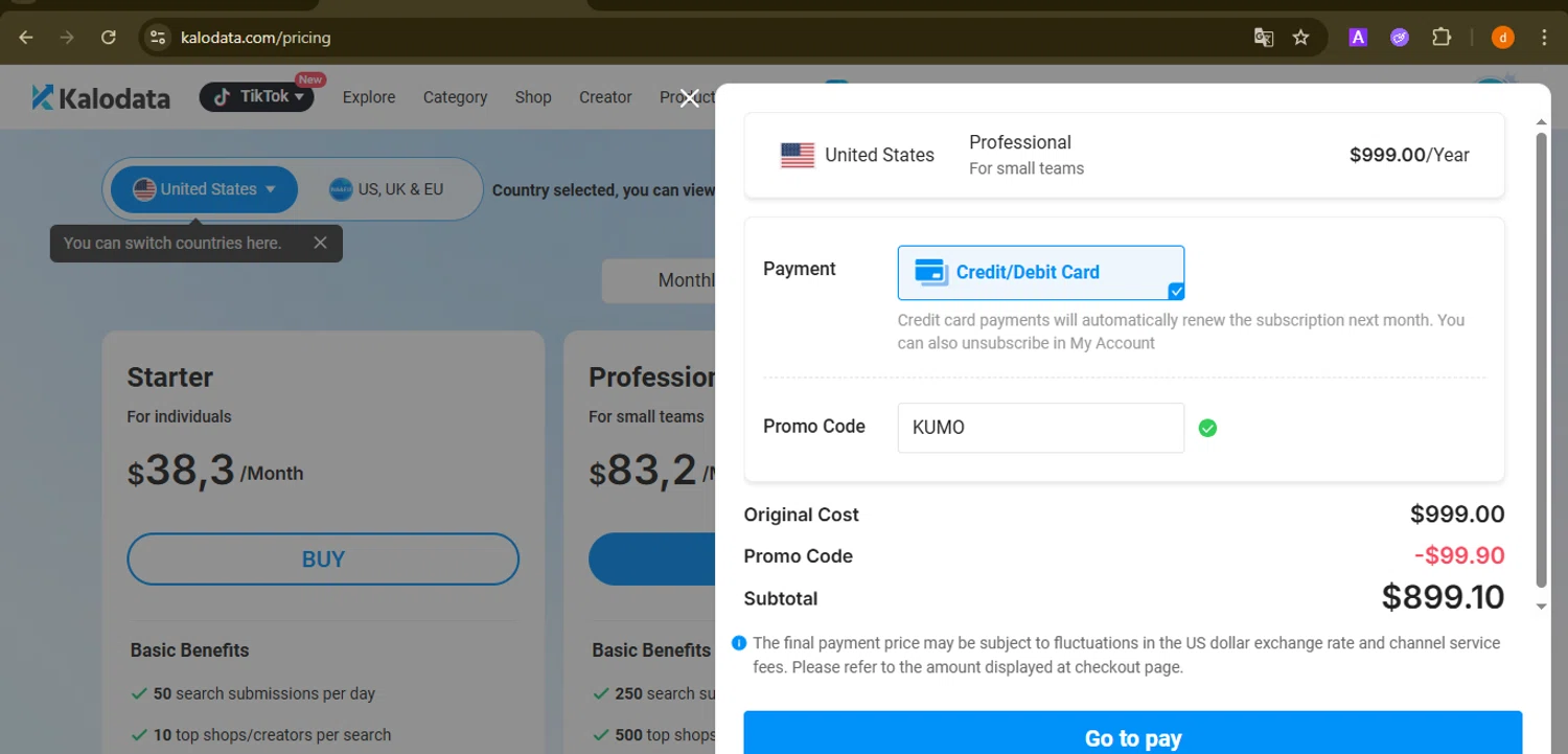 Kalodata promo code screenshot showing code KUMO applied at Kalodata checkout page. Uploaded by SimplyCodes community member PennyAdmiral6960 on Jan 5, 2026