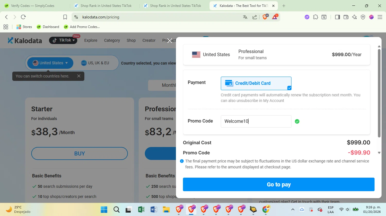 Kalodata checkout page showing Kalodata promo code box | Screenshot taken by SimplyCodes community member on Jan 21, 2026