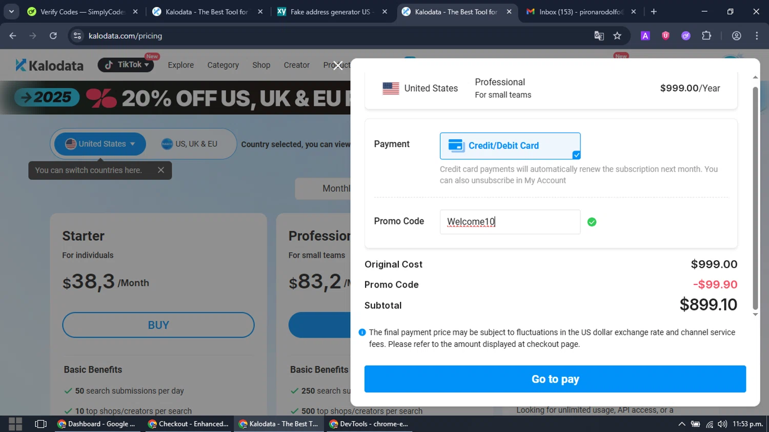 Kalodata promo code screenshot showing code Welcome10 applied at Kalodata checkout page. Uploaded by SimplyCodes community member MoneyTitan1832 on Nov 13, 2025