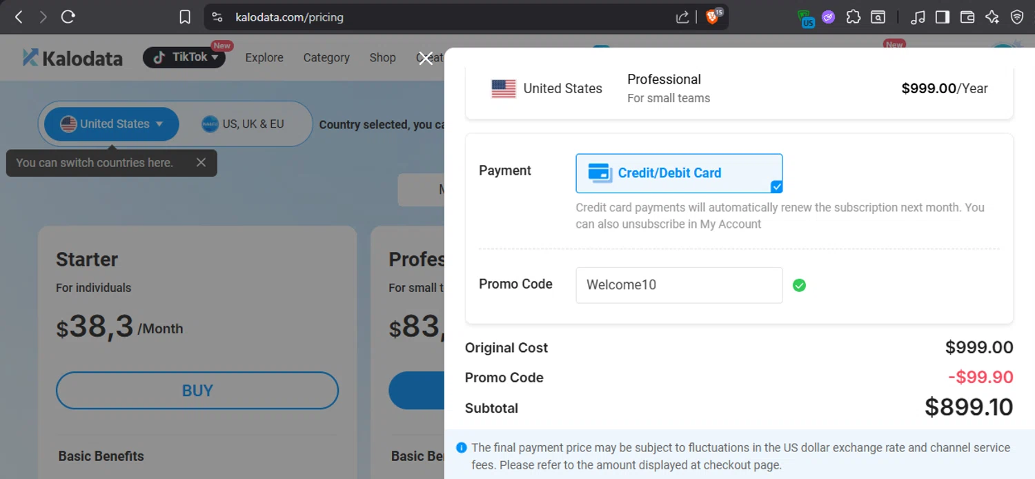 Kalodata promo code screenshot showing code Welcome10 applied at Kalodata checkout page. Uploaded by SimplyCodes community member leiraM on Oct 24, 2025