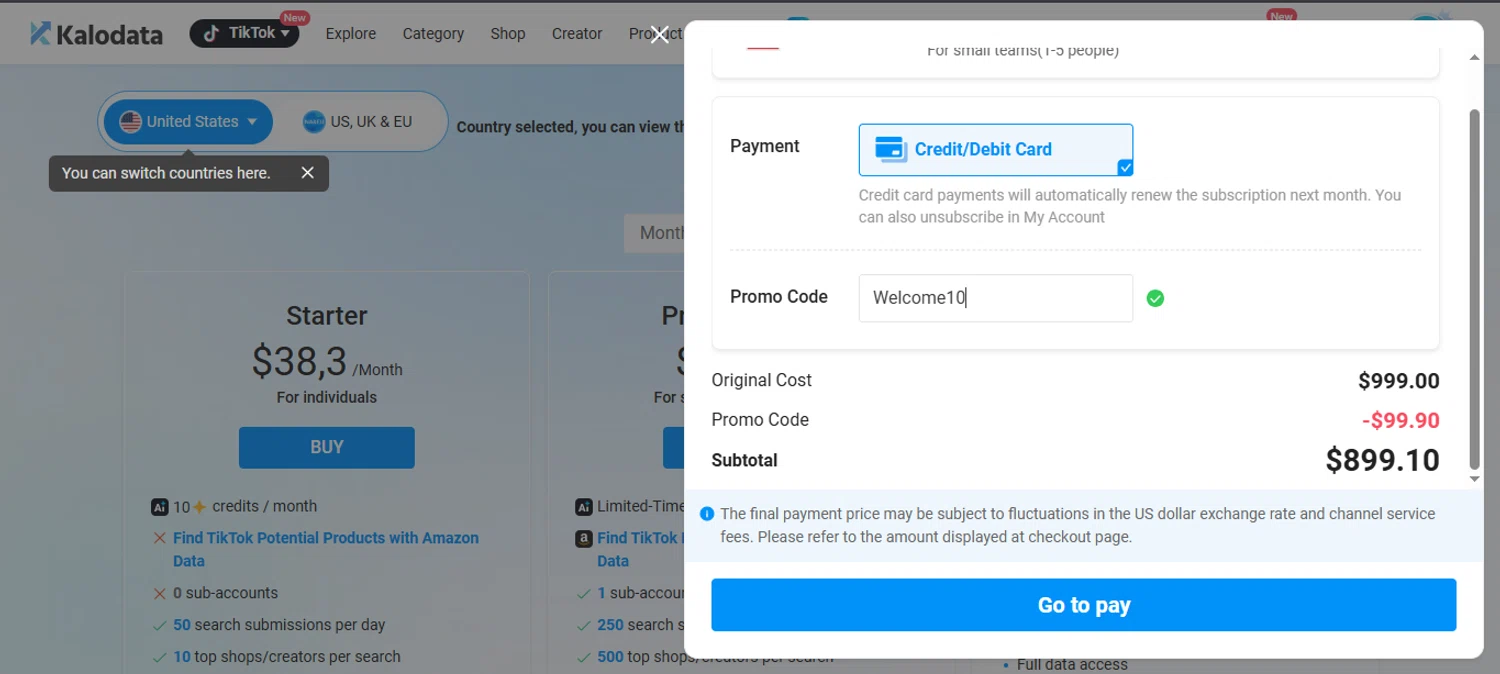 Kalodata promo code screenshot showing code Welcome10 applied at Kalodata checkout page. Uploaded by SimplyCodes community member noworries on Sep 25, 2025