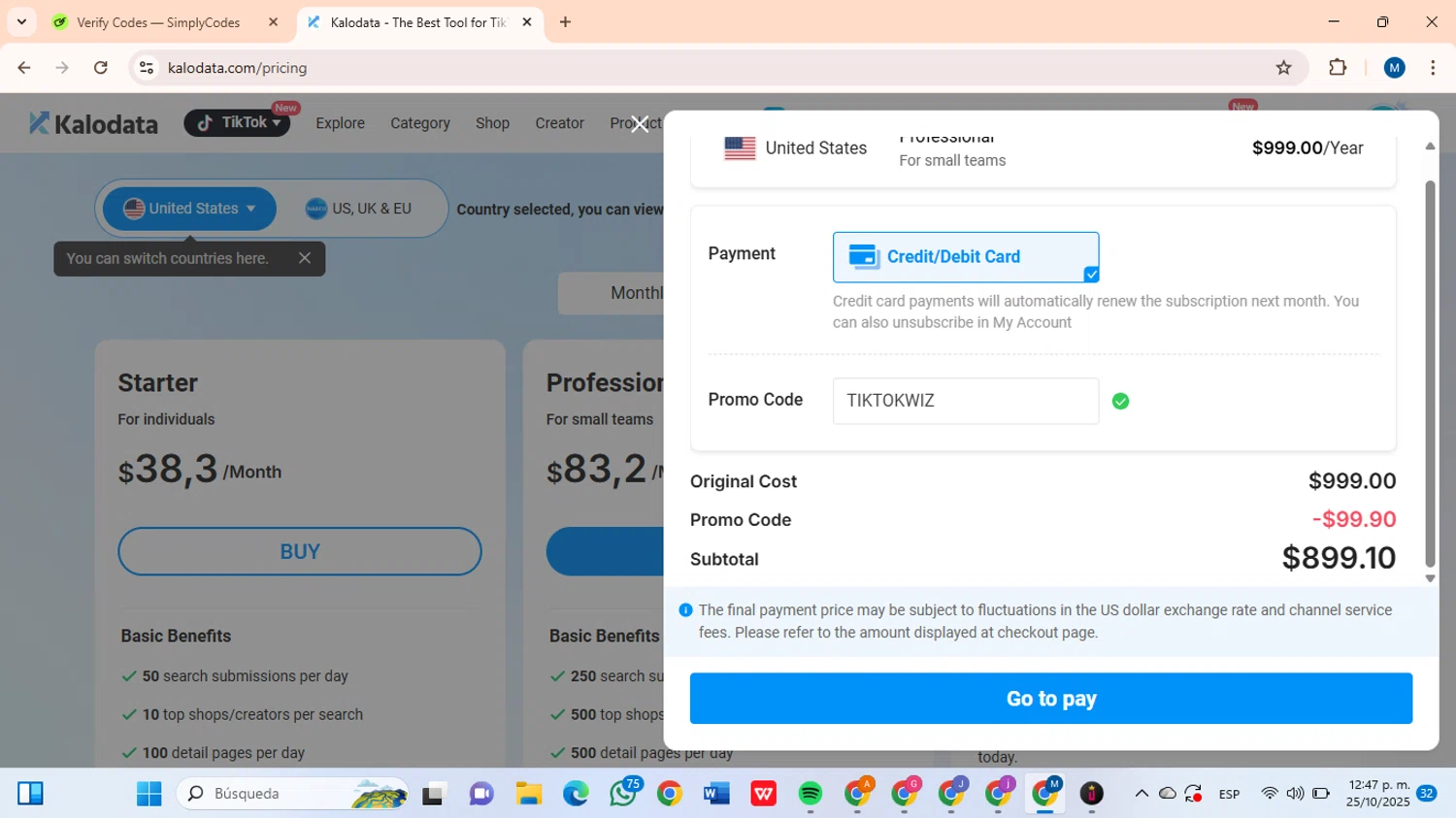 Kalodata promo code screenshot showing code TIKTOKWIZ applied at Kalodata checkout page. Uploaded by SimplyCodes community member BrilliantLion8135 on Oct 25, 2025