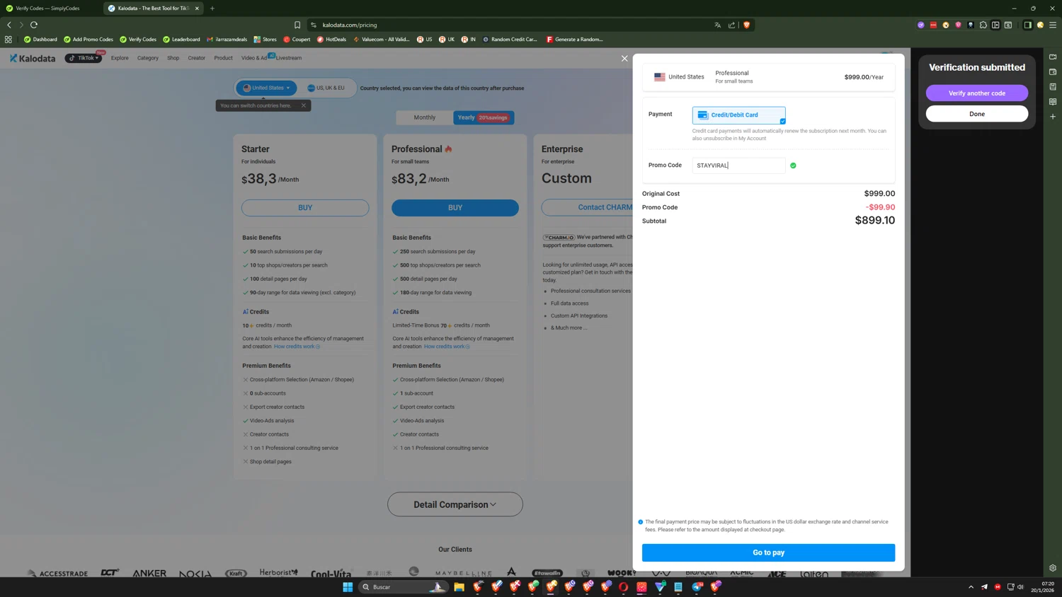 Kalodata checkout page showing Kalodata promo code box | Screenshot taken by SimplyCodes community member on Jan 20, 2026