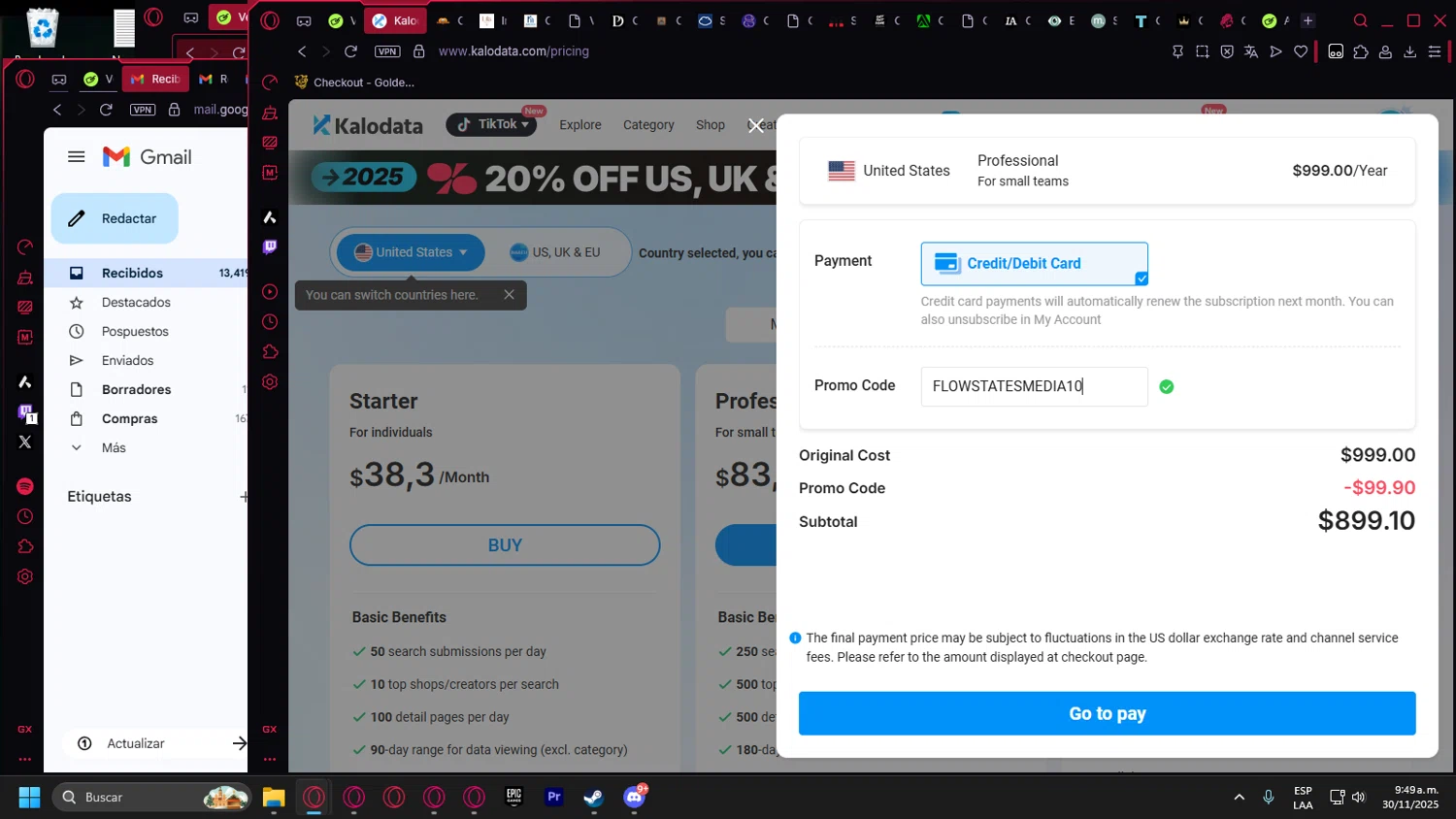 Kalodata promo code screenshot showing code FLOWSTATESMEDIA10 applied at Kalodata checkout page. Uploaded by SimplyCodes community member Billyyou on Nov 30, 2025