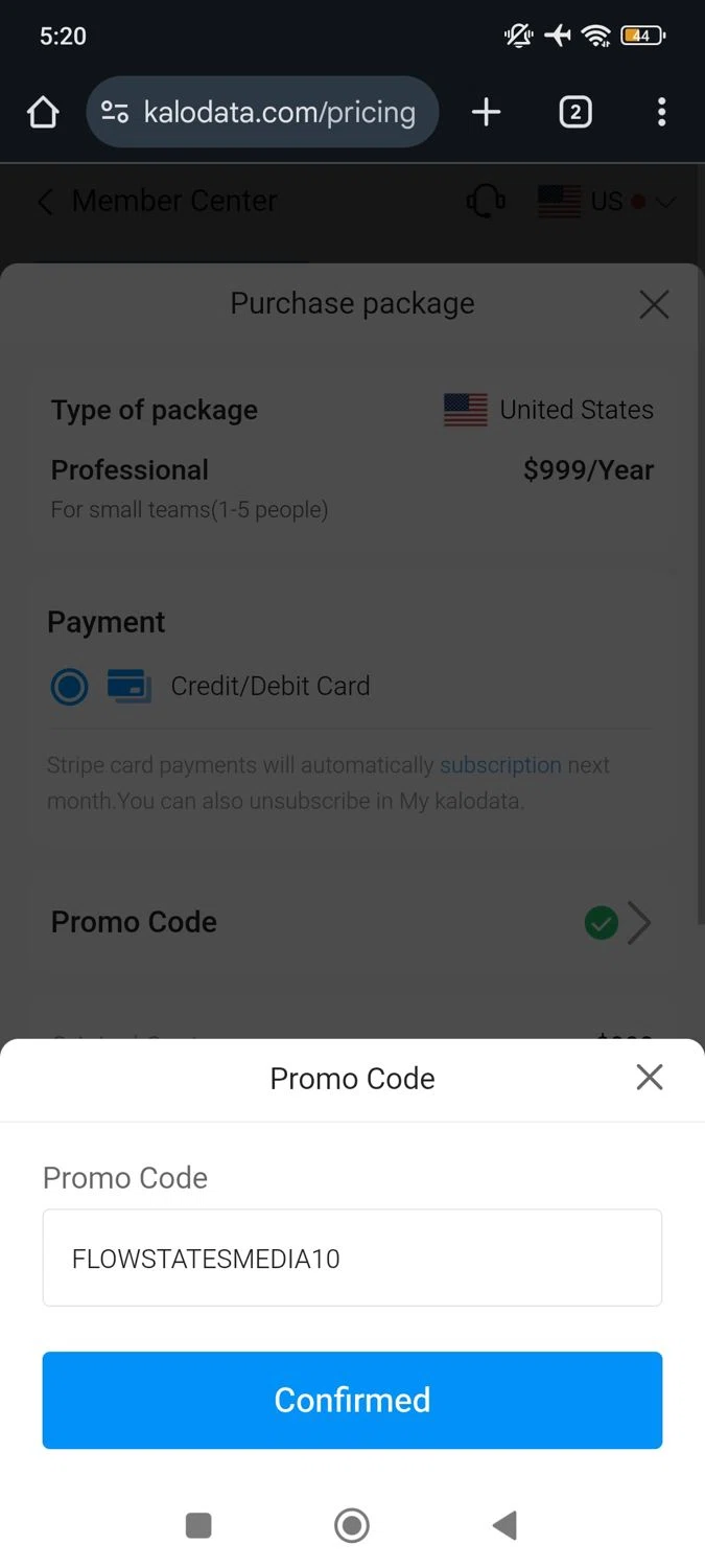 Kalodata promo code screenshot showing code FLOWSTATESMEDIA10 applied at Kalodata checkout page. Uploaded by SimplyCodes community member RoyalSpotter5217 on Oct 2, 2025