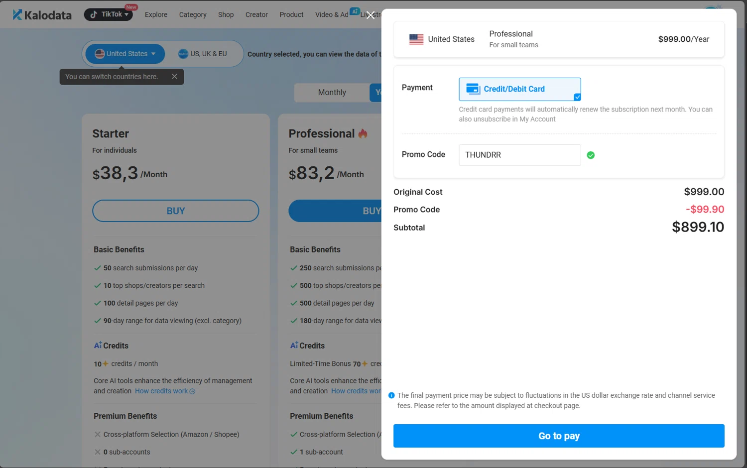 Kalodata checkout page showing Kalodata promo code box | Screenshot taken by SimplyCodes community member on Jan 27, 2026