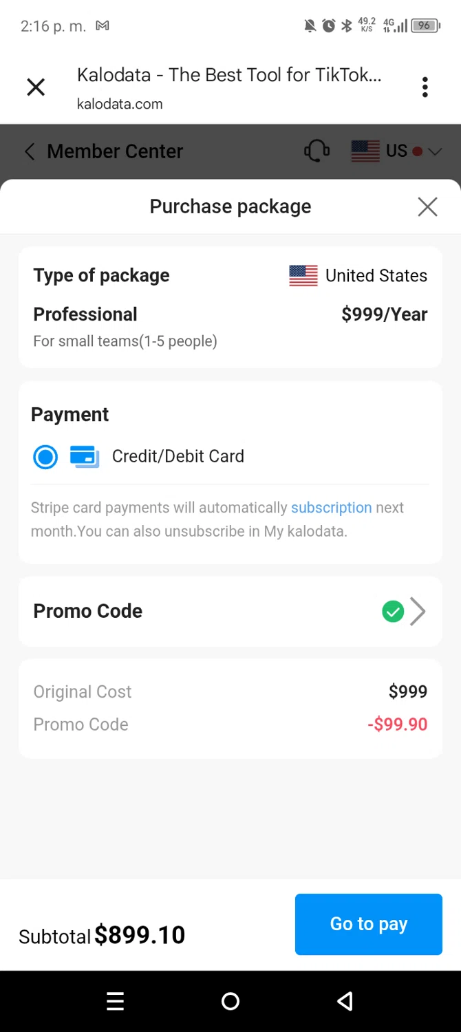 Kalodata promo code screenshot showing code THUNDRR applied at Kalodata checkout page. Uploaded by SimplyCodes community member leiraM on Oct 31, 2025
