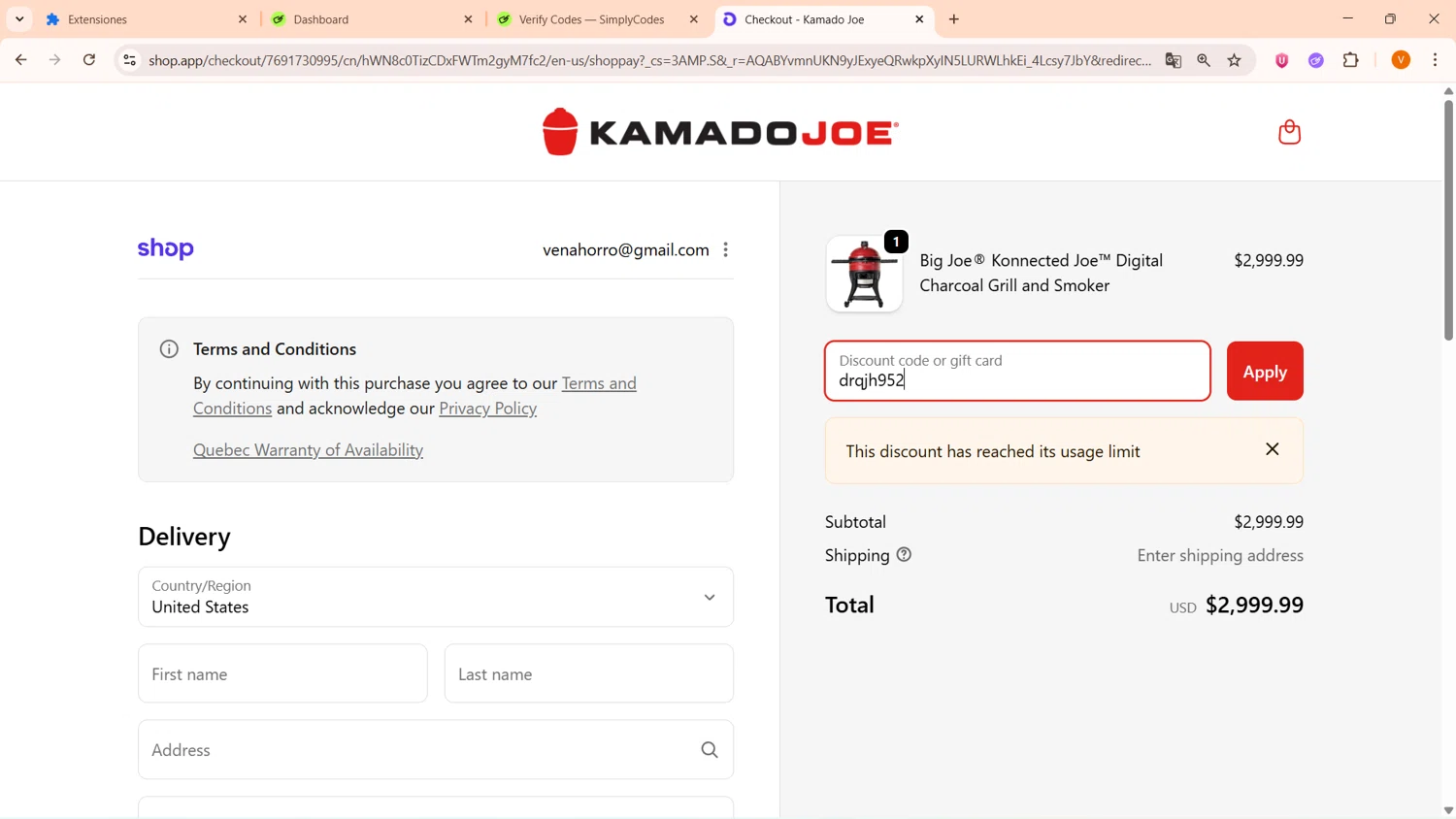 Kamado Joe promo code screenshot showing code drqjh952 applied at Kamado Joe checkout page. Uploaded by SimplyCodes community member FortunateFinder9465 on Feb 10, 2026