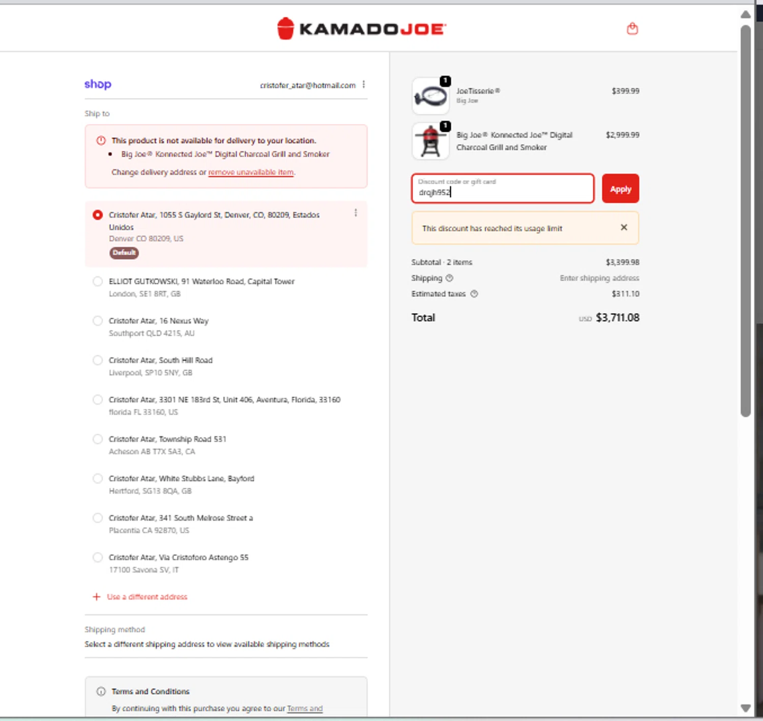 Kamado Joe promo code screenshot showing code drqjh952 applied at Kamado Joe checkout page. Uploaded by SimplyCodes community member MarielisPb on Feb 10, 2026