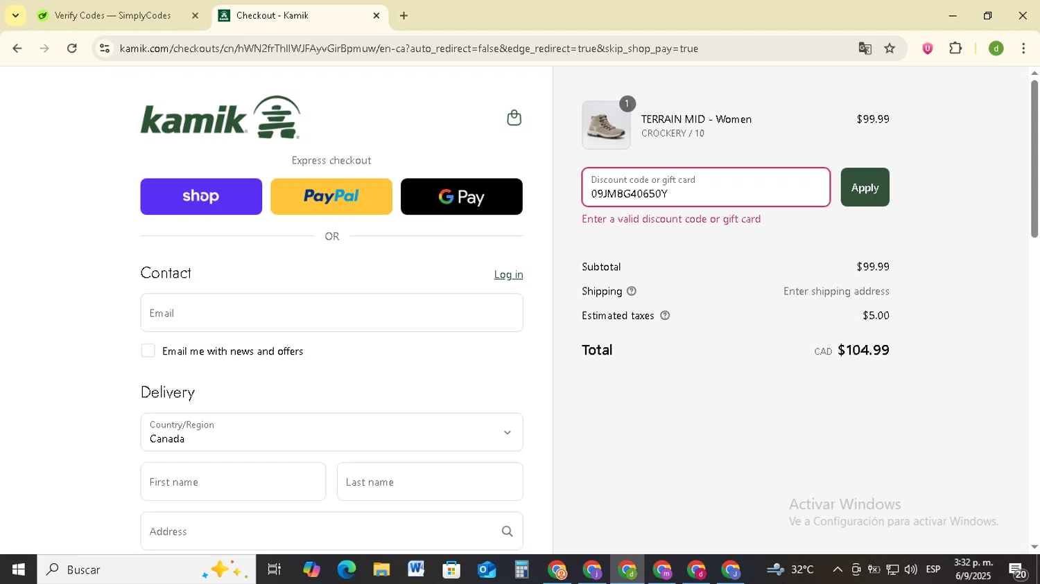 Kamik discount code screenshot showing code 09JM8G40650Y applied at Kamik checkout page. Uploaded by SimplyCodes community member SavingsSentinel833 on Sep 6, 2025