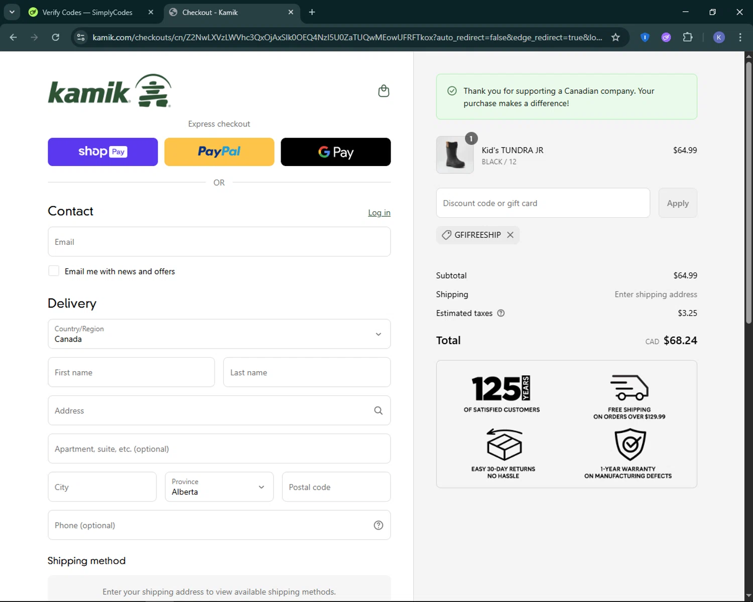 Kamik discount code screenshot showing code GFIFREESHIP applied at Kamik checkout page. Uploaded by SimplyCodes community member KevLapage on Jun 19, 2025