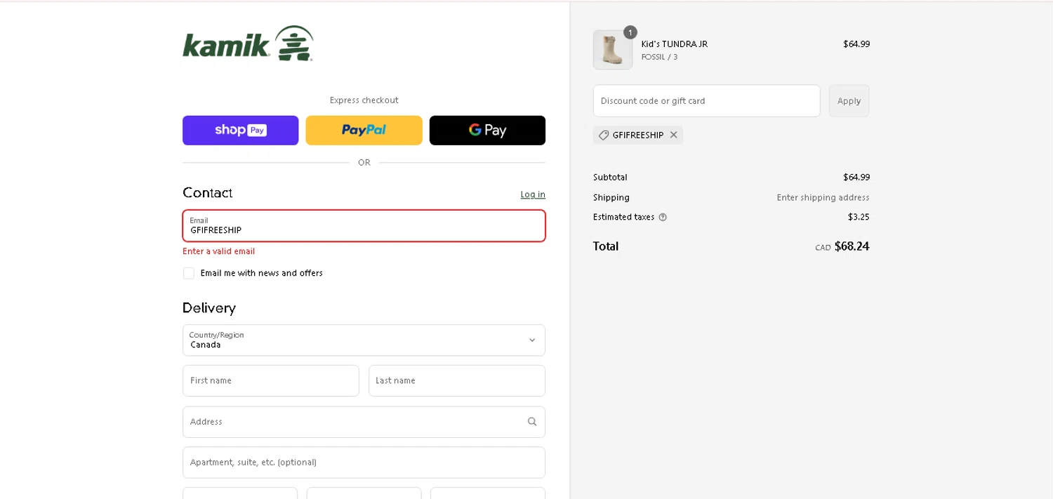 Kamik discount code screenshot showing code GFIFREESHIP applied at Kamik checkout page. Uploaded by SimplyCodes community member MagnificentCurator5441 on Apr 27, 2025