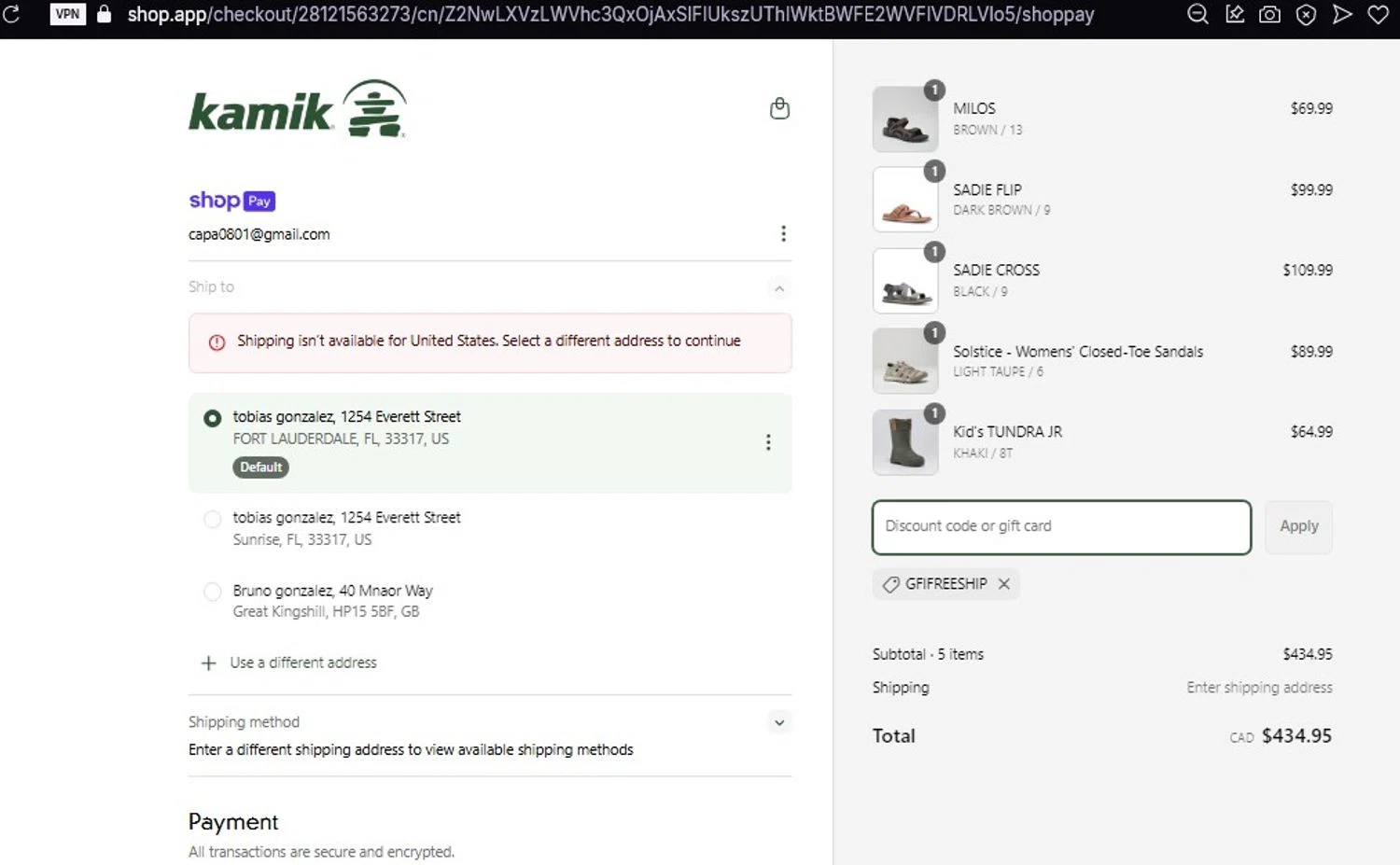 Kamik discount code screenshot showing code GFIFREESHIP applied at Kamik checkout page. Uploaded by SimplyCodes community member glency on Mar 29, 2025