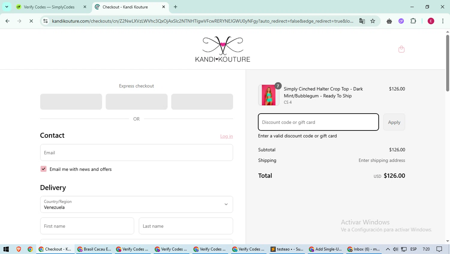 Kandi Kouture discount code screenshot showing code ARIA applied at Kandi Kouture checkout page. Uploaded by SimplyCodes community member BrilliantWhiz4434 on May 26, 2025