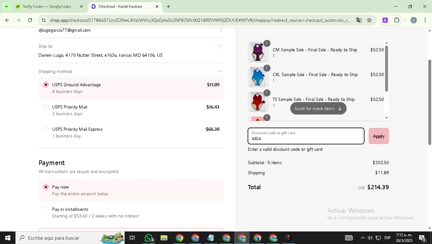 Kandi Kouture discount code screenshot showing code ARIA applied at Kandi Kouture checkout page. Uploaded by SimplyCodes community member DealExpert4491 on May 26, 2025
