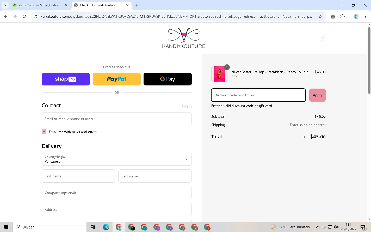 Kandi Kouture discount code screenshot showing code LUCKY applied at Kandi Kouture checkout page. Uploaded by SimplyCodes community member LegendaryWarden2503 on Mar 20, 2025