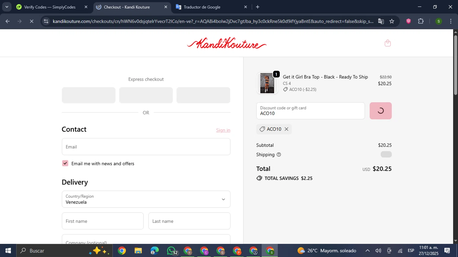 Kandi Kouture discount code screenshot showing code ACO10 applied at Kandi Kouture checkout page. Uploaded by SimplyCodes community member RewardMaverick445 on Dec 27, 2025