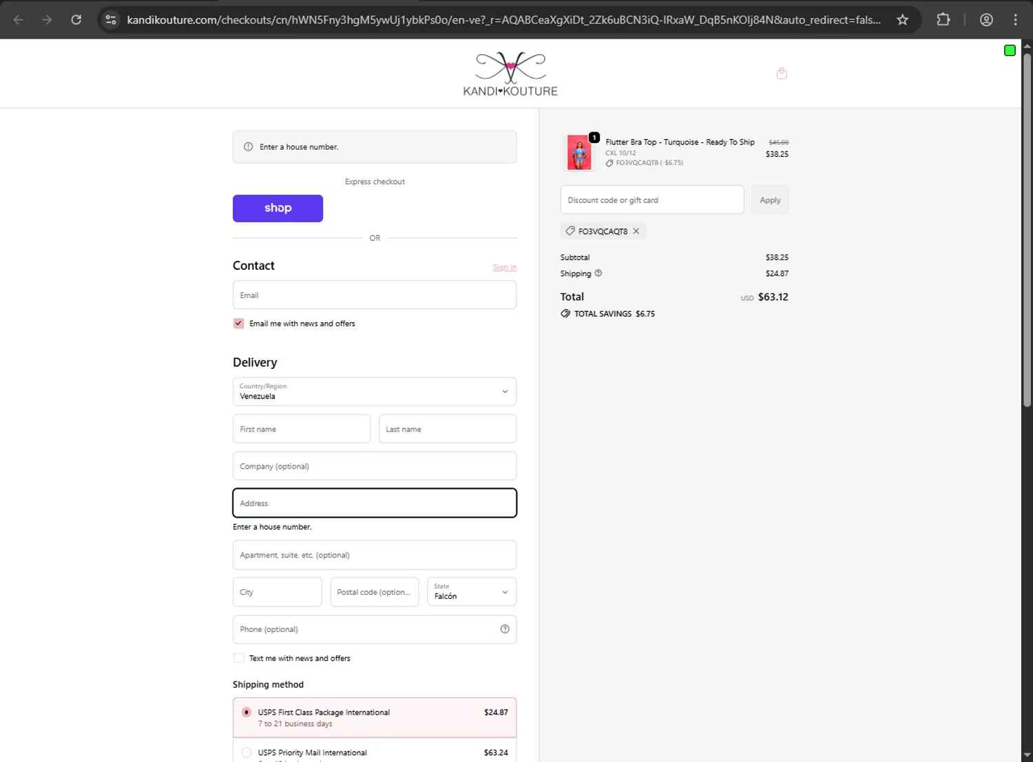 Kandi Kouture discount code screenshot showing code FO3VQCAQT8 applied at Kandi Kouture checkout page. Uploaded by SimplyCodes community member Aljondris97 on Nov 13, 2025