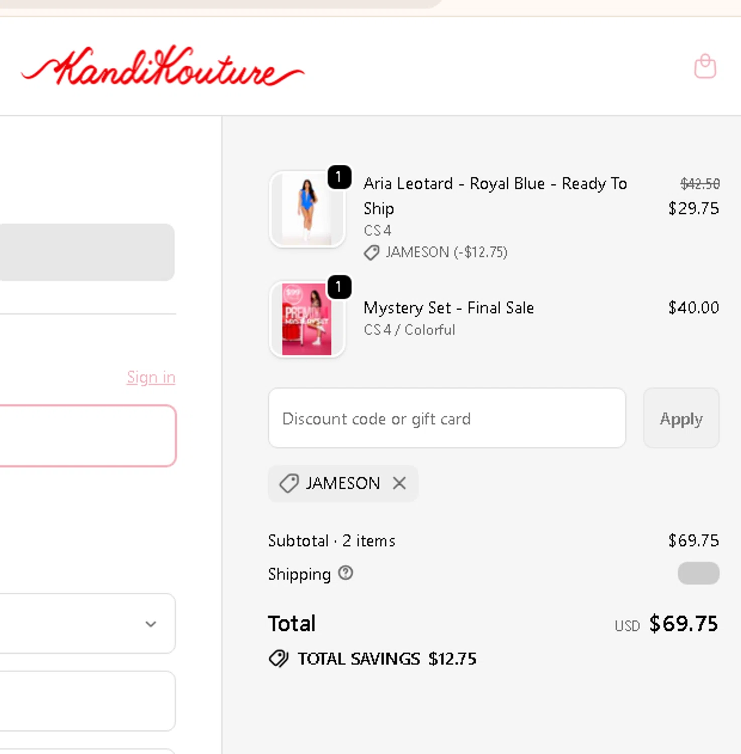 Kandi Kouture discount code screenshot showing code JAMESON applied at Kandi Kouture checkout page. Uploaded by SimplyCodes community member AMANDA2681 on Dec 21, 2025