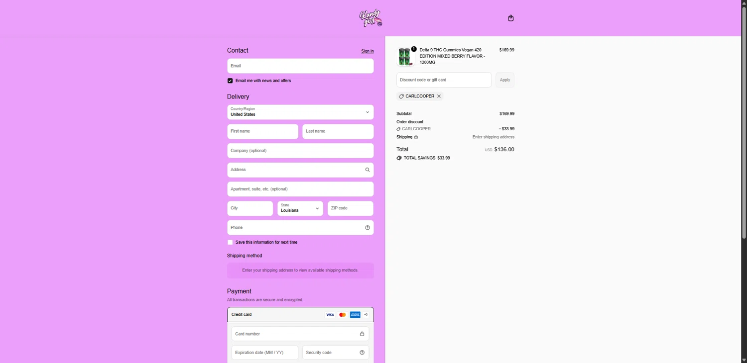 Kandy Girl promo code screenshot showing code CARLCOOPER applied at Kandy Girl checkout page. Uploaded by SimplyCodes community member CodeAce1208 on May 26, 2026