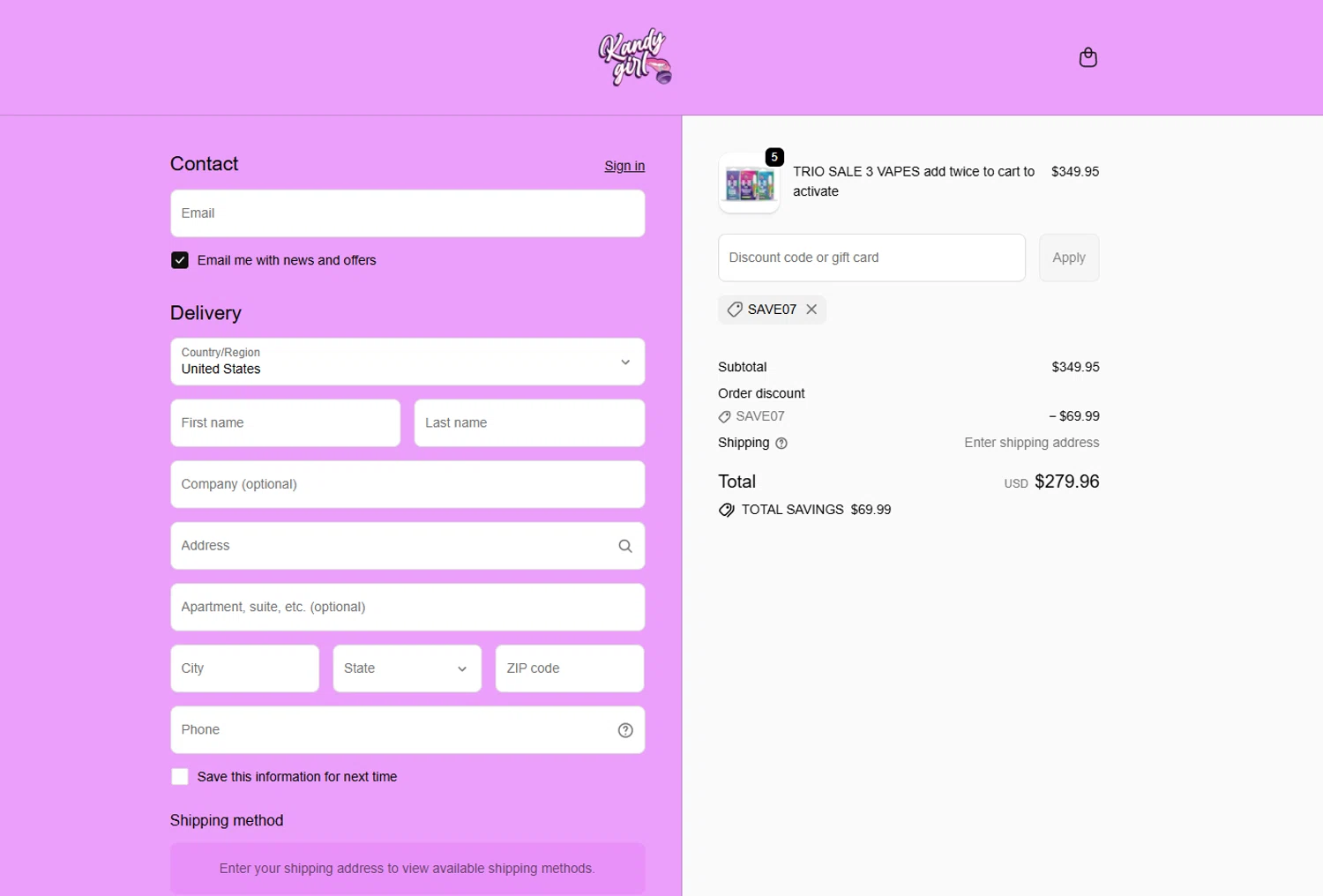 Kandy Girl promo code screenshot showing code SAVE07 applied at Kandy Girl checkout page. Uploaded by SimplyCodes community member DealSleuth3125 on May 24, 2026