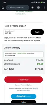 Kansas City Chiefs coupon verification screenshot